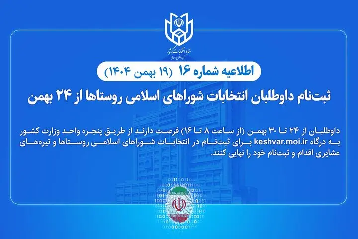 ثبتنام داوطلبان انتخابات شوراهای اسلامی روستاها از ۲۴ بهمن ثبتنام داوطلبان انتخابات شوراهای اسلامی روستاها از ۲۴ بهمن